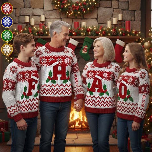 Merry Christmas Initial Letter - Personalized Family Ugly Sweater
