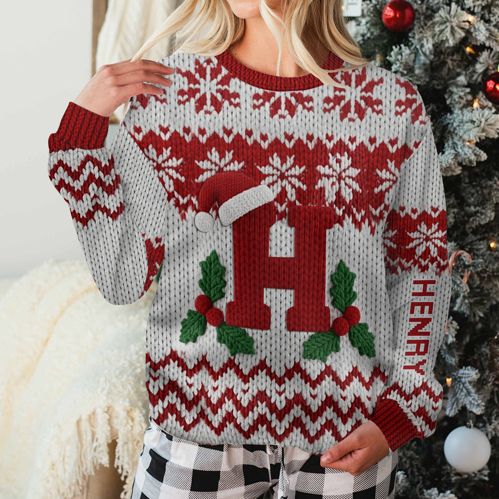 Merry Christmas Initial Letter - Personalized Family Ugly Sweater