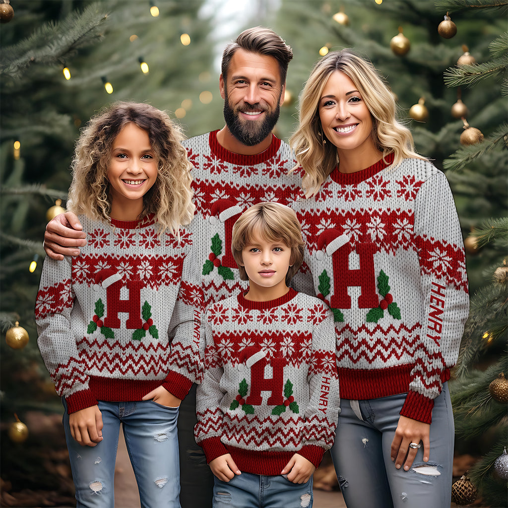 Merry Christmas Initial Letter - Personalized Family Ugly Sweater