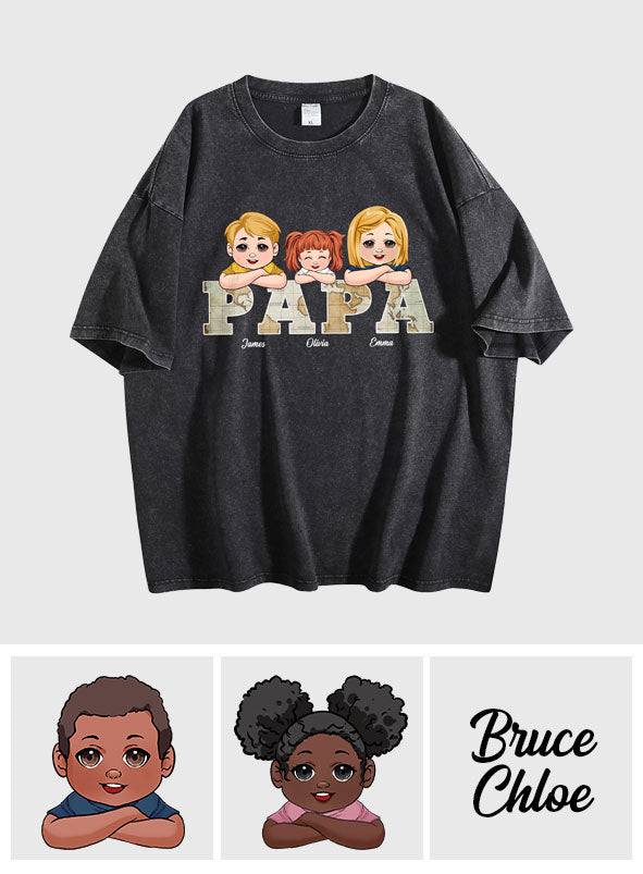 Vintage Map Papa Title - Personalized Father Wash T-shirt