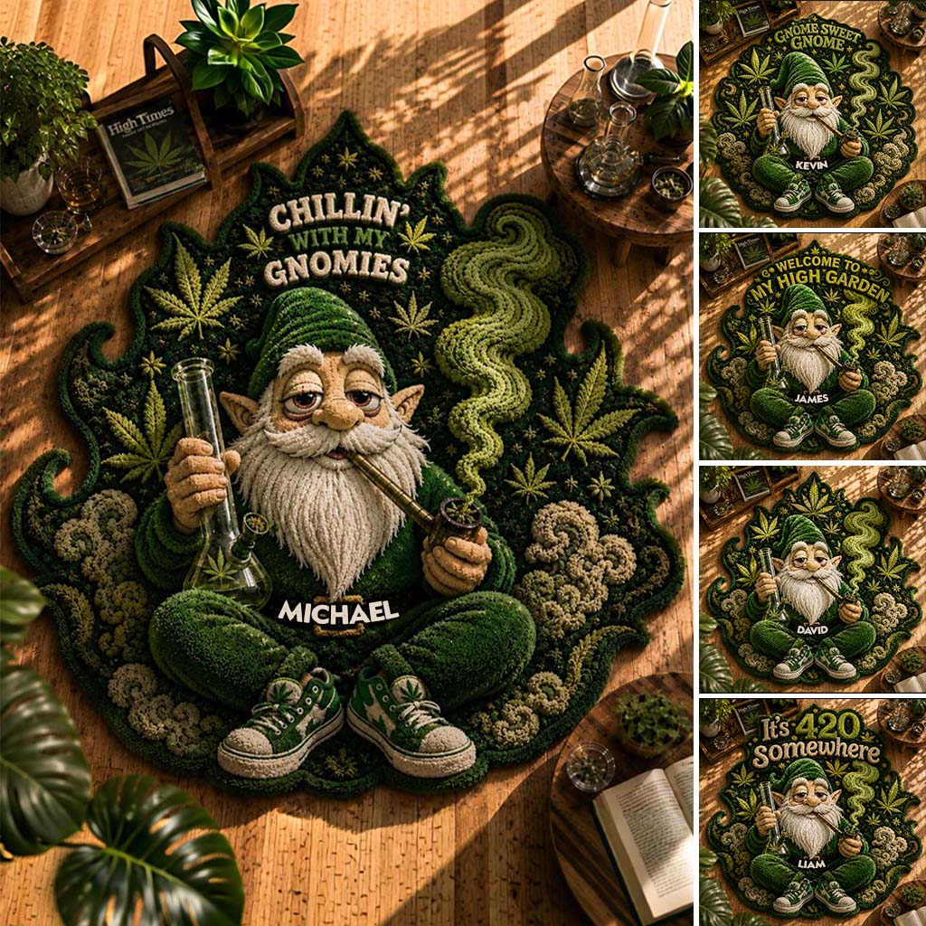 Smoking Gnome, It's 420 Somewhere - Personalized Weed Shaped Doormat/ Rug