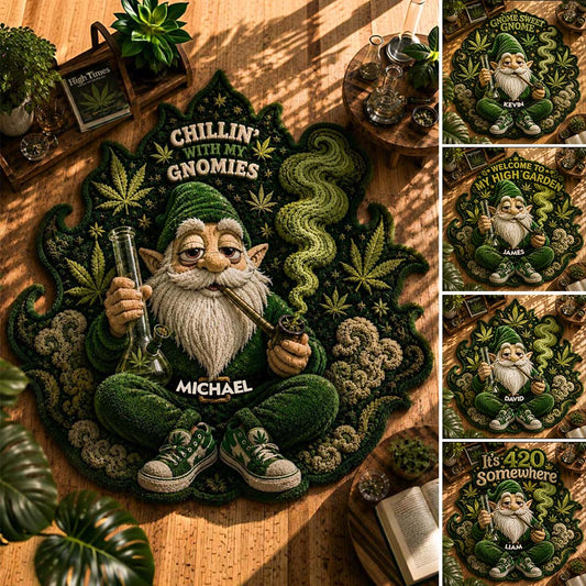 Smoking Gnome, It's 420 Somewhere - Personalized Weed Shaped Doormat/ Rug