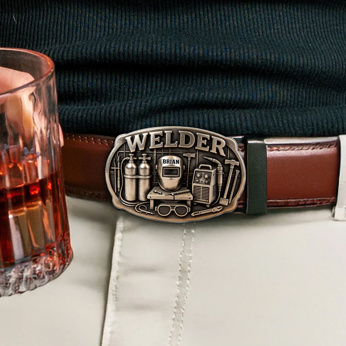 Proud Welder - Personalized Welder Leather Belt With Shaped Buckle