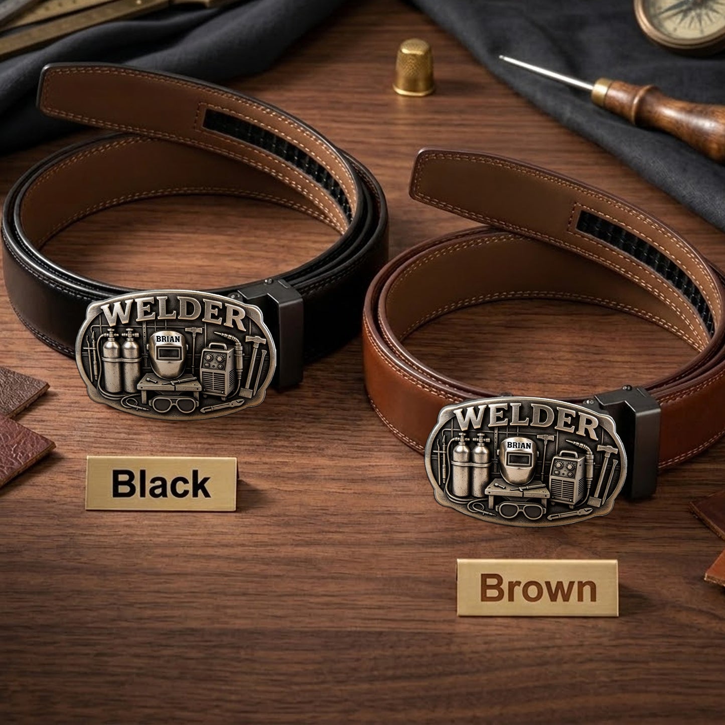Proud Welder - Personalized Welder Leather Belt With Shaped Buckle