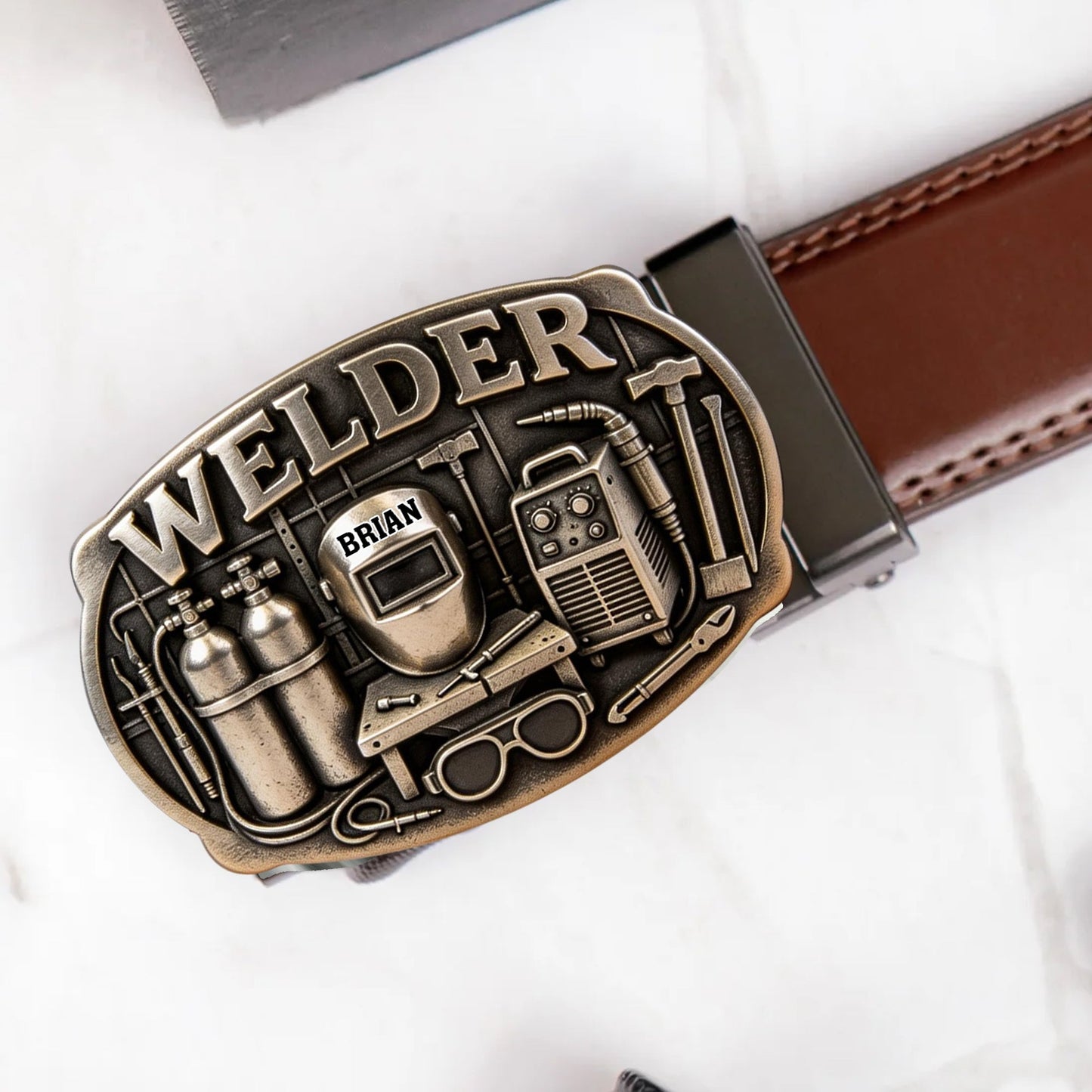 Proud Welder - Personalized Welder Leather Belt With Shaped Buckle