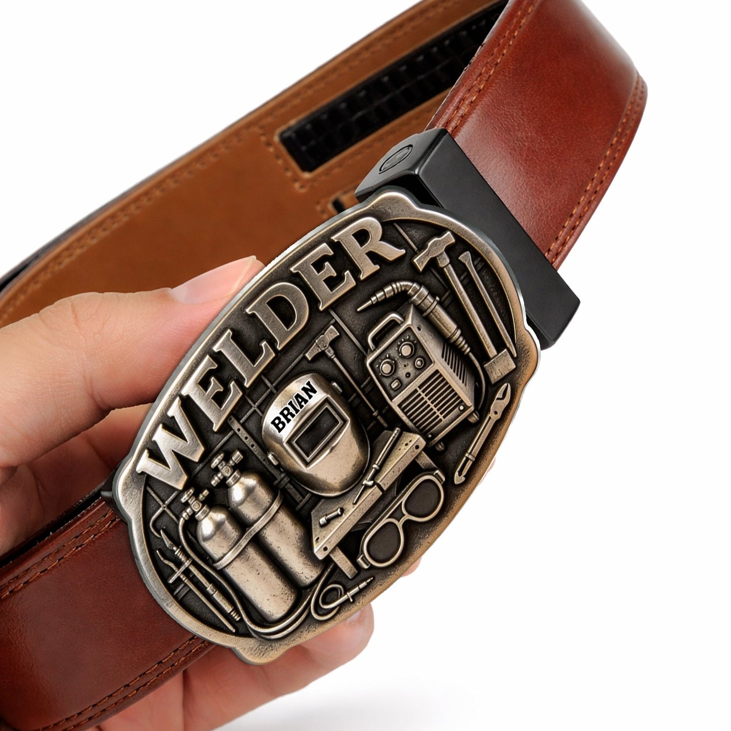 Proud Welder - Personalized Welder Leather Belt With Shaped Buckle