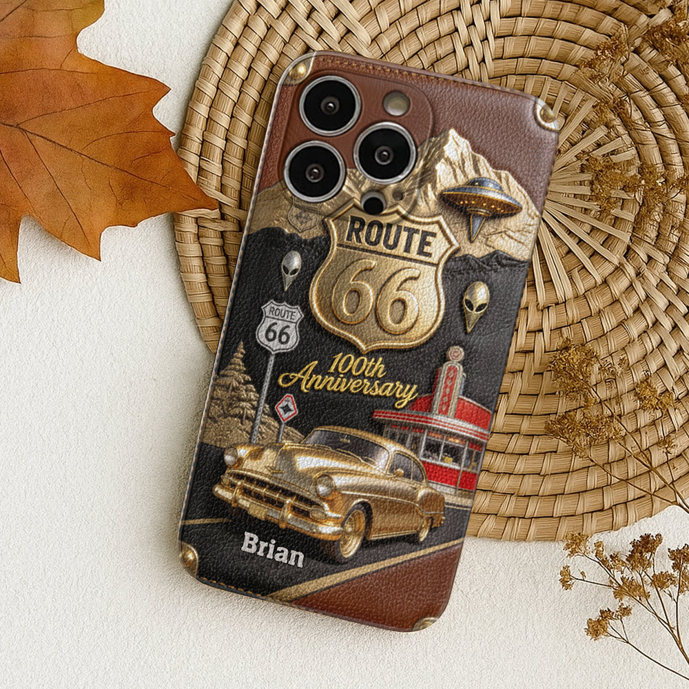 Route 66 100th Anniversary - Personalized Car Lover Leather Phone Case