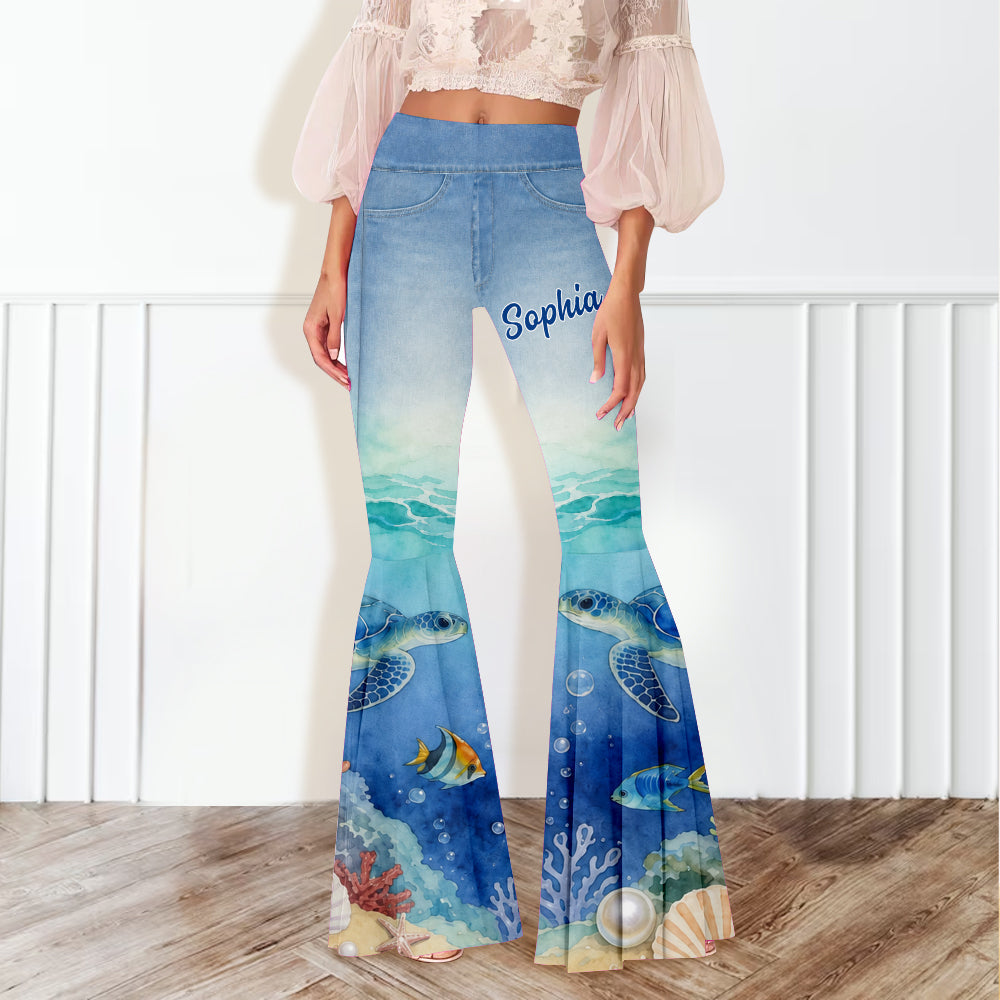 Salty Lil' Beach - Personalized Turtle Flare Leggings & Crop Tanktop