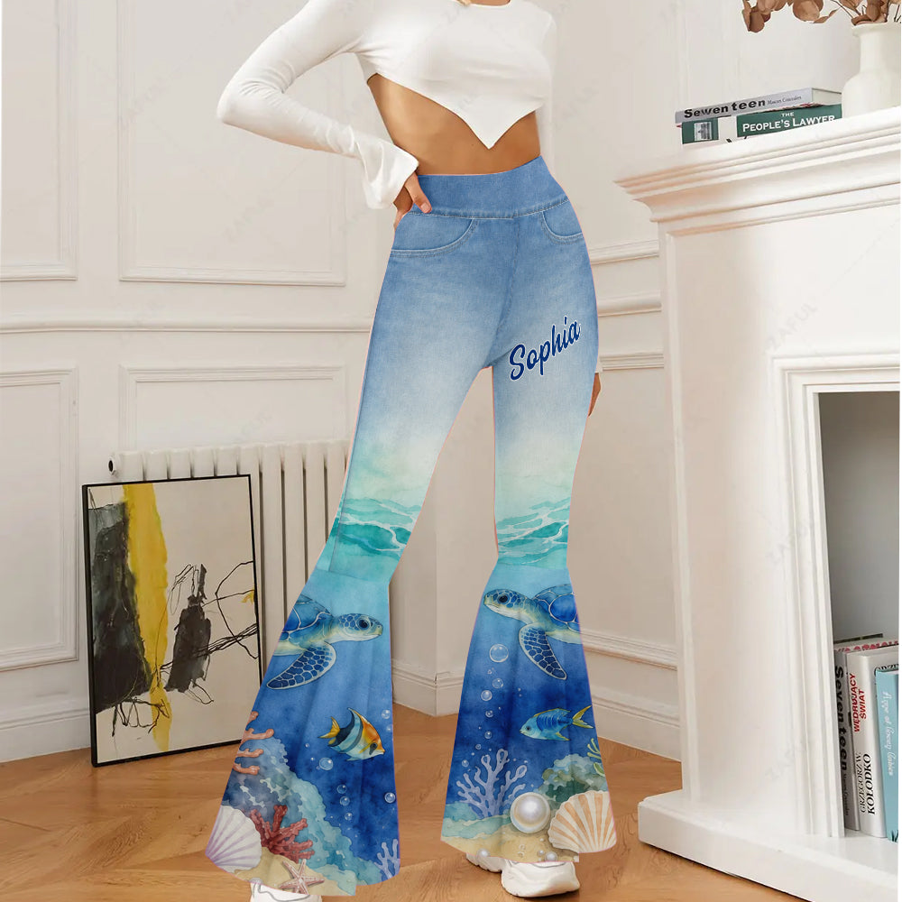 Salty Lil' Beach - Personalized Turtle Flare Leggings & Crop Tanktop
