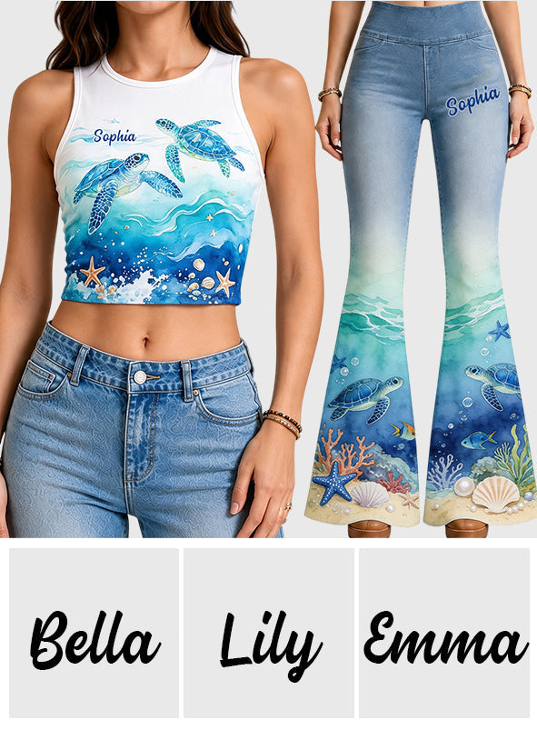Salty Lil' Beach - Personalized Turtle Flare Leggings & Crop Tanktop