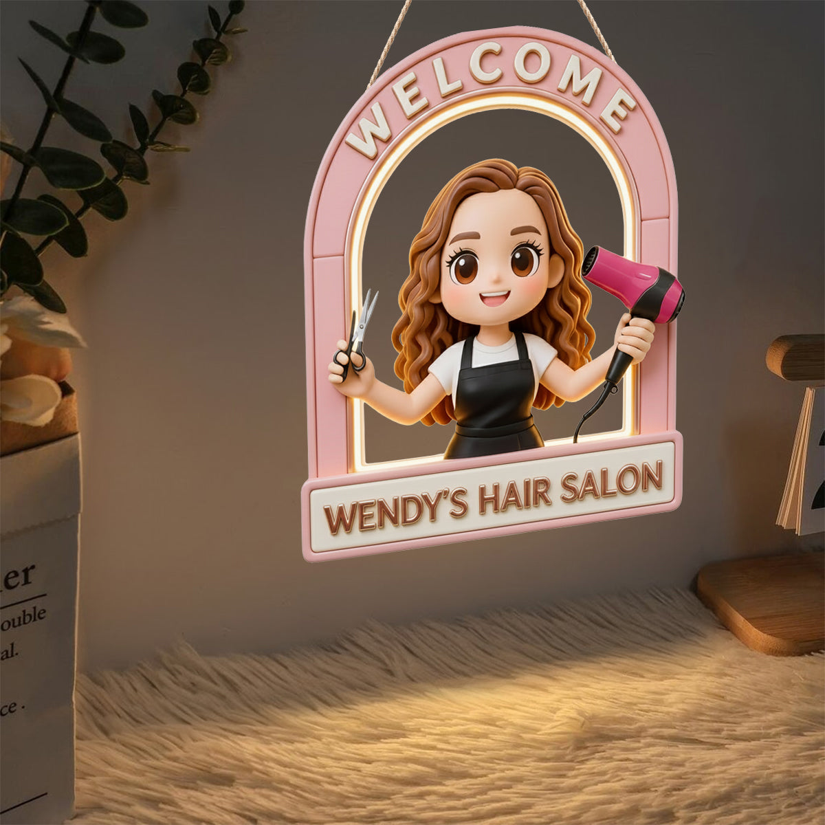 Welcome Sign For Hair Salon - Personalized Hairdresser LED Light Acrylic Sign