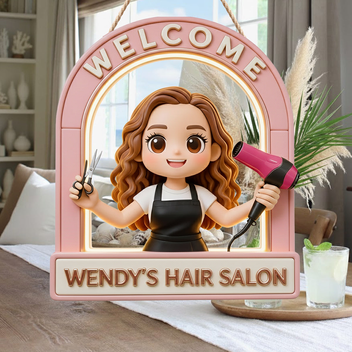 Welcome Sign For Hair Salon - Personalized Hairdresser LED Light Acrylic Sign