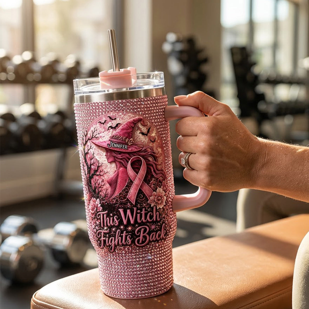 This Witch Fights Back - Personalized Breast Cancer Awareness Rhinestone Tumbler With Handle