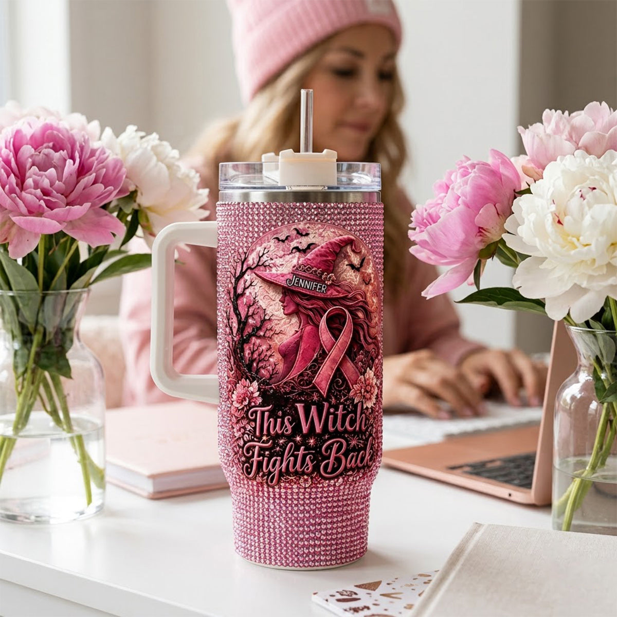 This Witch Fights Back - Personalized Breast Cancer Awareness Rhinestone Tumbler With Handle