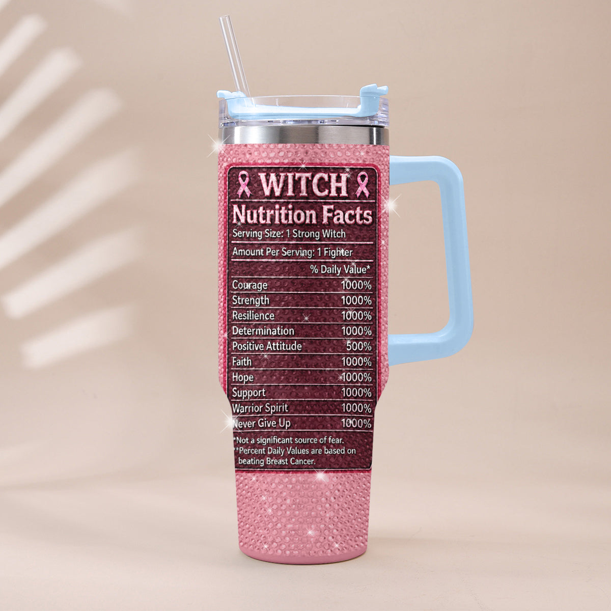 This Witch Fights Back - Personalized Breast Cancer Awareness Rhinestone Tumbler With Handle