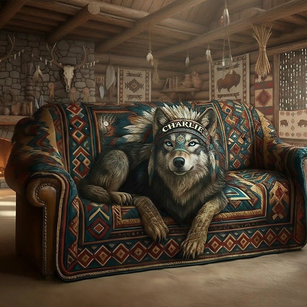 Native American Wolf - Personalized American Indian Quilted Sofa/Couch Cover