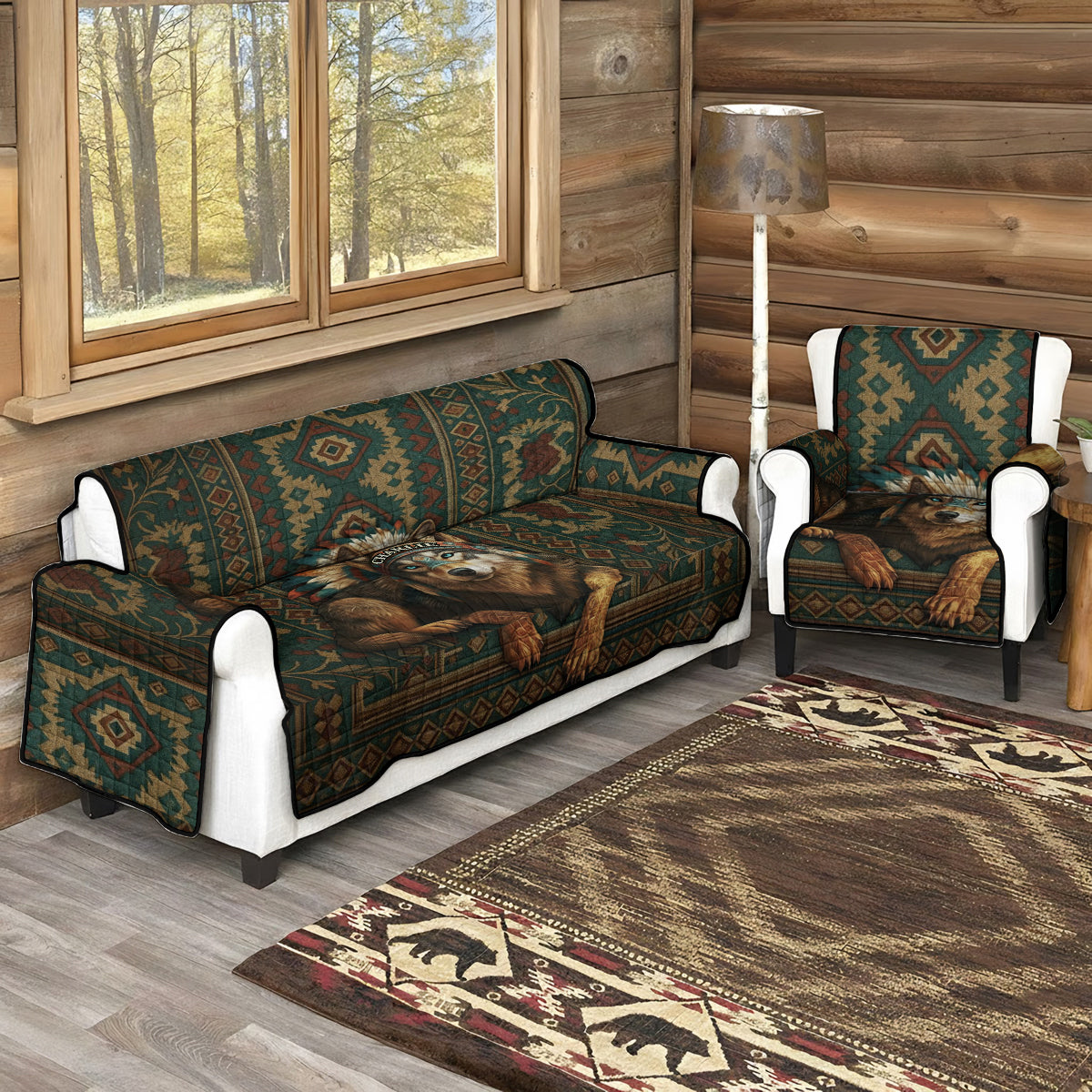 Native American Wolf - Personalized American Indian Quilted Sofa/Couch Cover