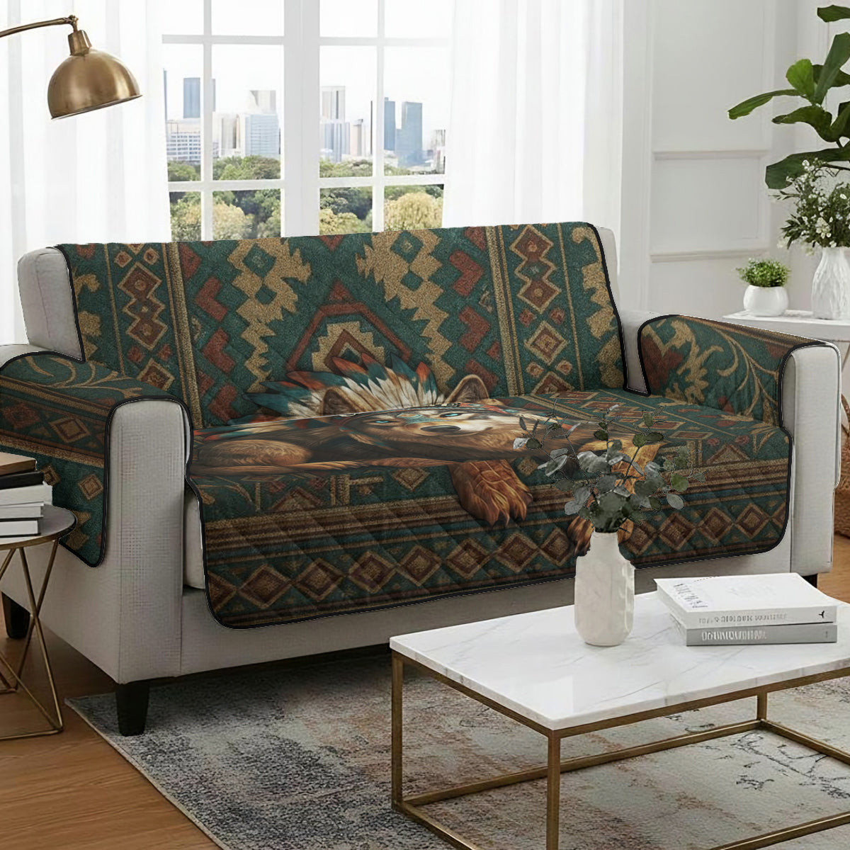 Native American Wolf - Personalized American Indian Quilted Sofa/Couch Cover