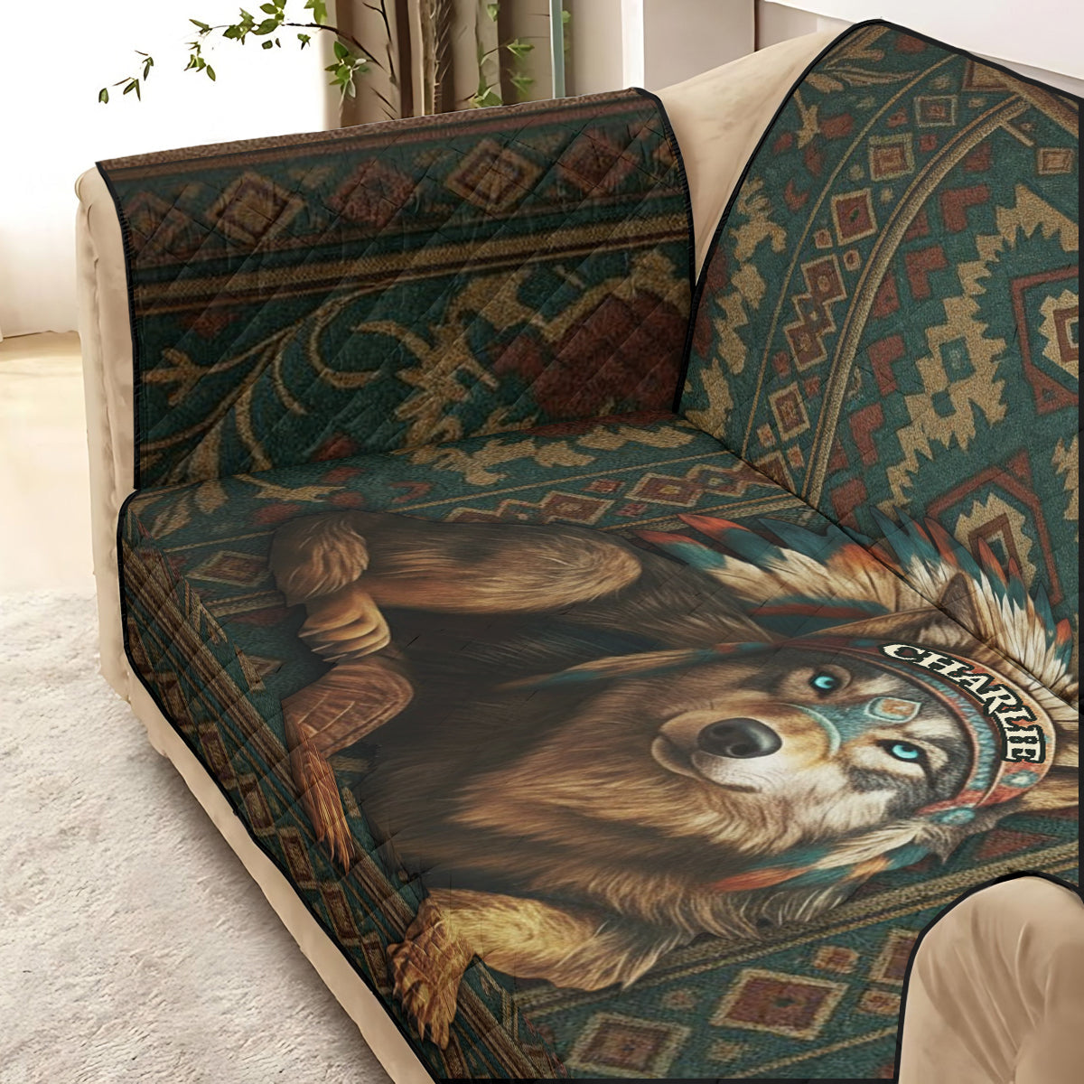 Native American Wolf - Personalized American Indian Quilted Sofa/Couch Cover