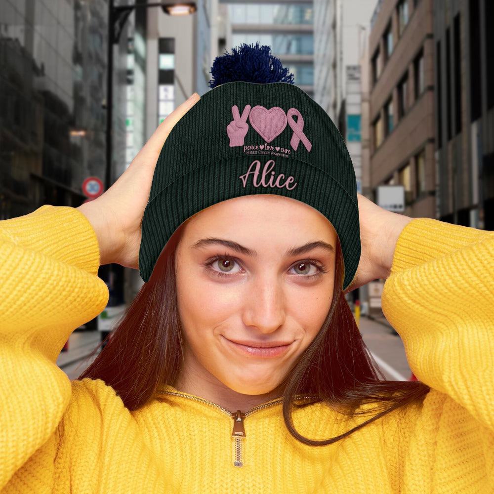Peace Love Cure Pink Ribbon - Personalized Breast Cancer Awareness Beanie Hat
