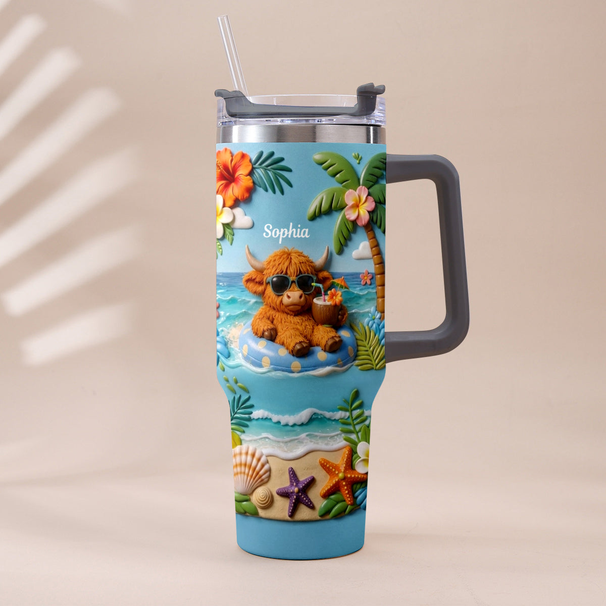 Summer Vibes - Personalized Highland Cow Tumbler With Plush Charm