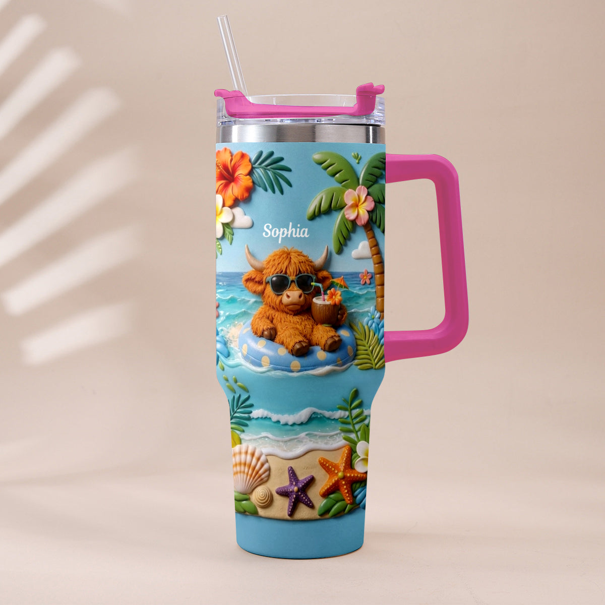 Summer Vibes - Personalized Highland Cow Tumbler With Plush Charm
