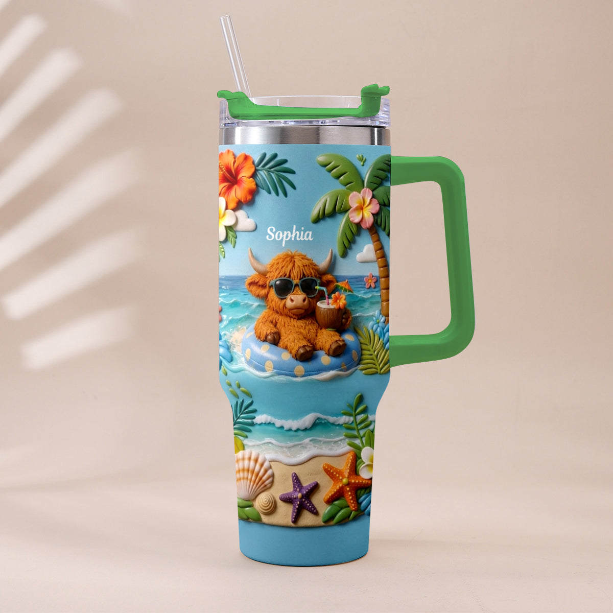 Summer Vibes - Personalized Highland Cow Tumbler With Plush Charm