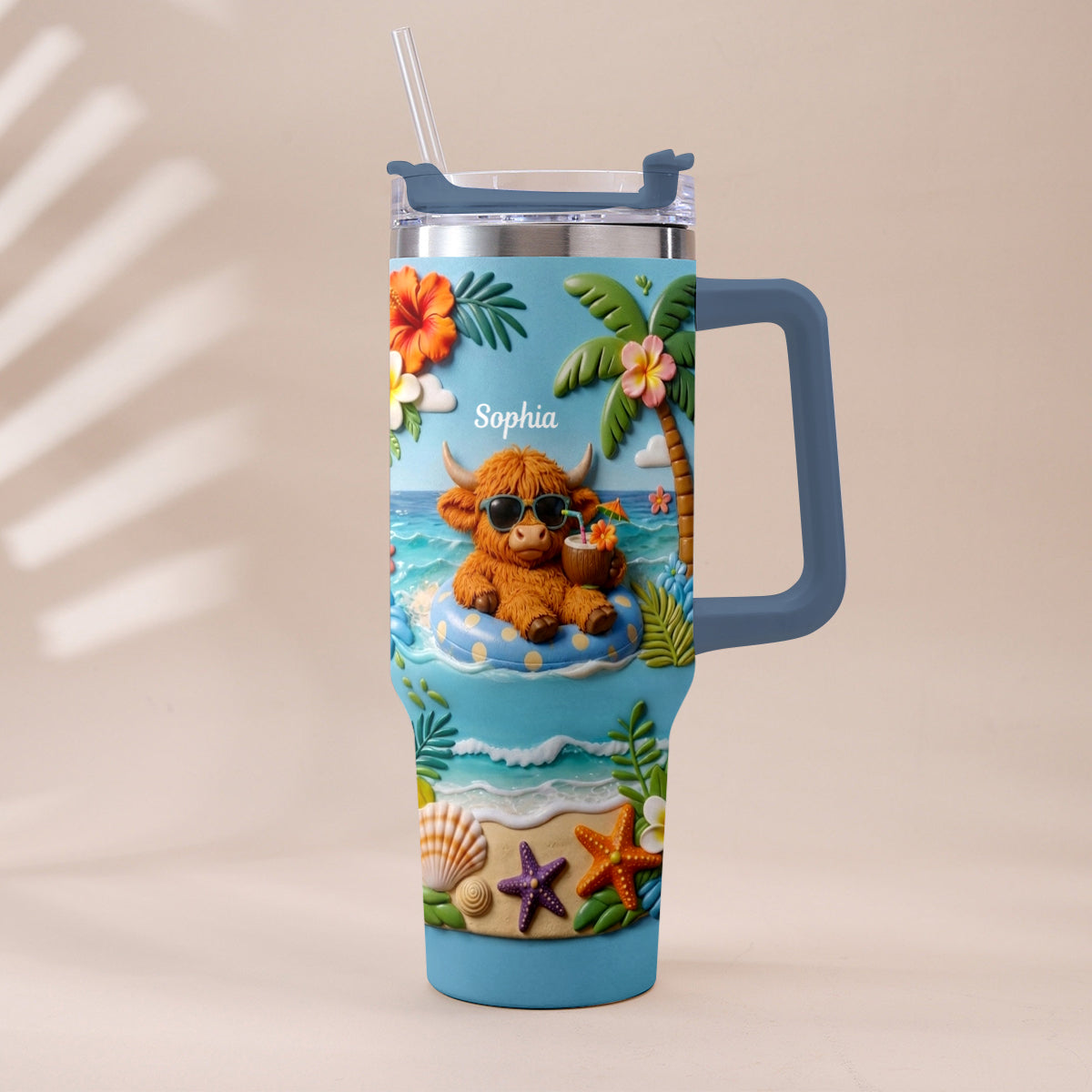 Summer Vibes - Personalized Highland Cow Tumbler With Plush Charm