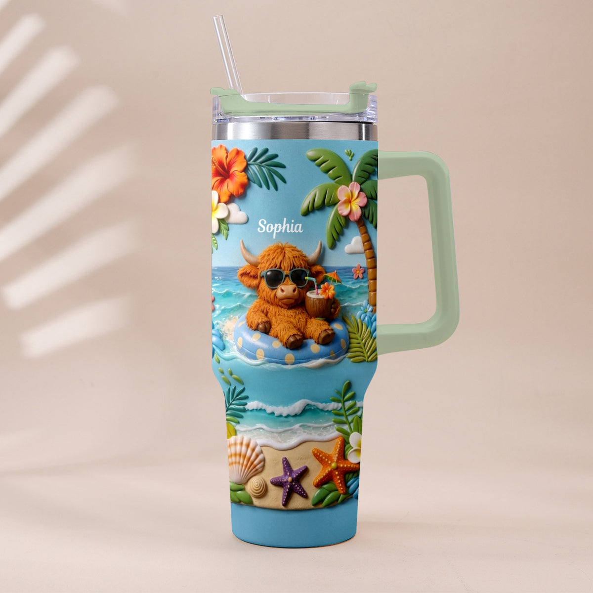 Summer Vibes - Personalized Highland Cow Tumbler With Plush Charm