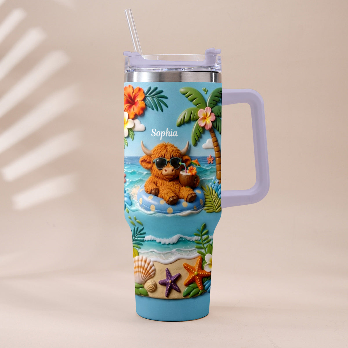 Summer Vibes - Personalized Highland Cow Tumbler With Plush Charm