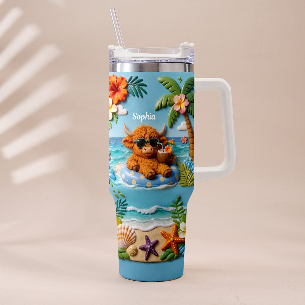 Summer Vibes - Personalized Highland Cow Tumbler With Plush Charm