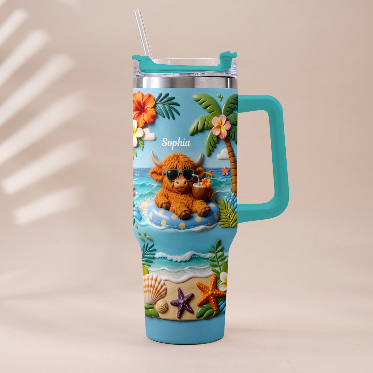 Summer Vibes - Personalized Highland Cow Tumbler With Plush Charm