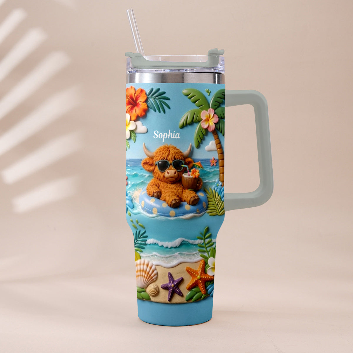 Summer Vibes - Personalized Highland Cow Tumbler With Plush Charm