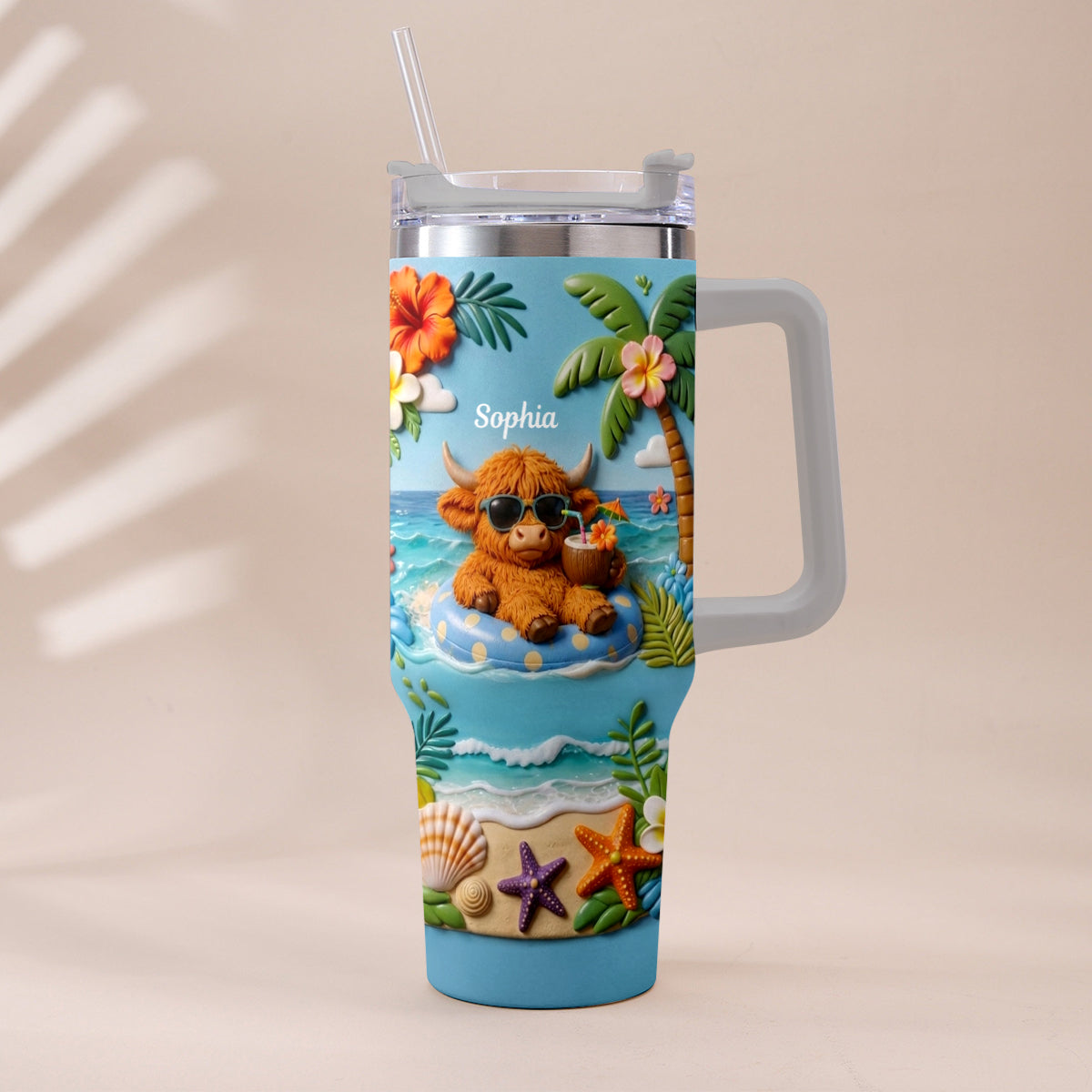 Summer Vibes - Personalized Highland Cow Tumbler With Plush Charm