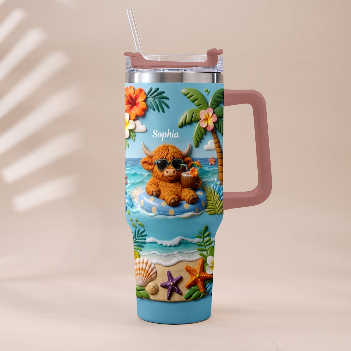 Summer Vibes - Personalized Highland Cow Tumbler With Plush Charm