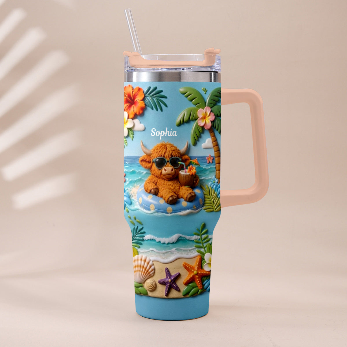 Summer Vibes - Personalized Highland Cow Tumbler With Plush Charm