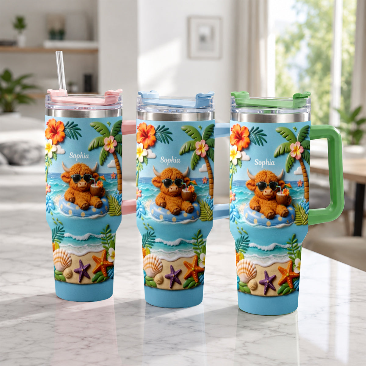Summer Vibes - Personalized Highland Cow Tumbler With Plush Charm