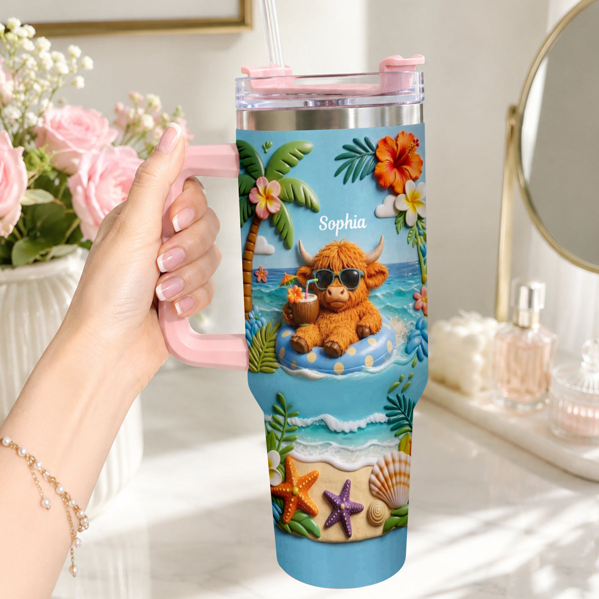 Summer Vibes - Personalized Highland Cow Tumbler With Plush Charm