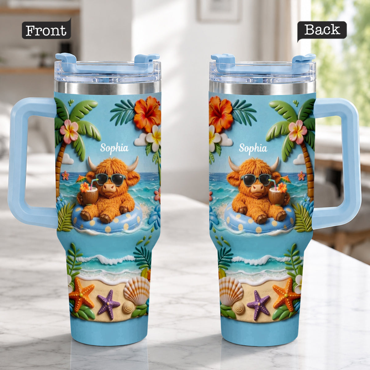 Summer Vibes - Personalized Highland Cow Tumbler With Plush Charm