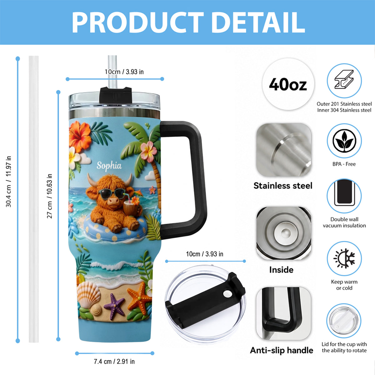 Summer Vibes - Personalized Highland Cow Tumbler With Plush Charm