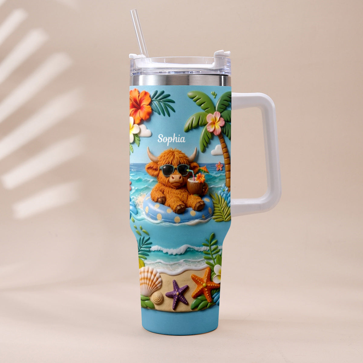 Summer Vibes - Personalized Highland Cow Tumbler With Plush Charm
