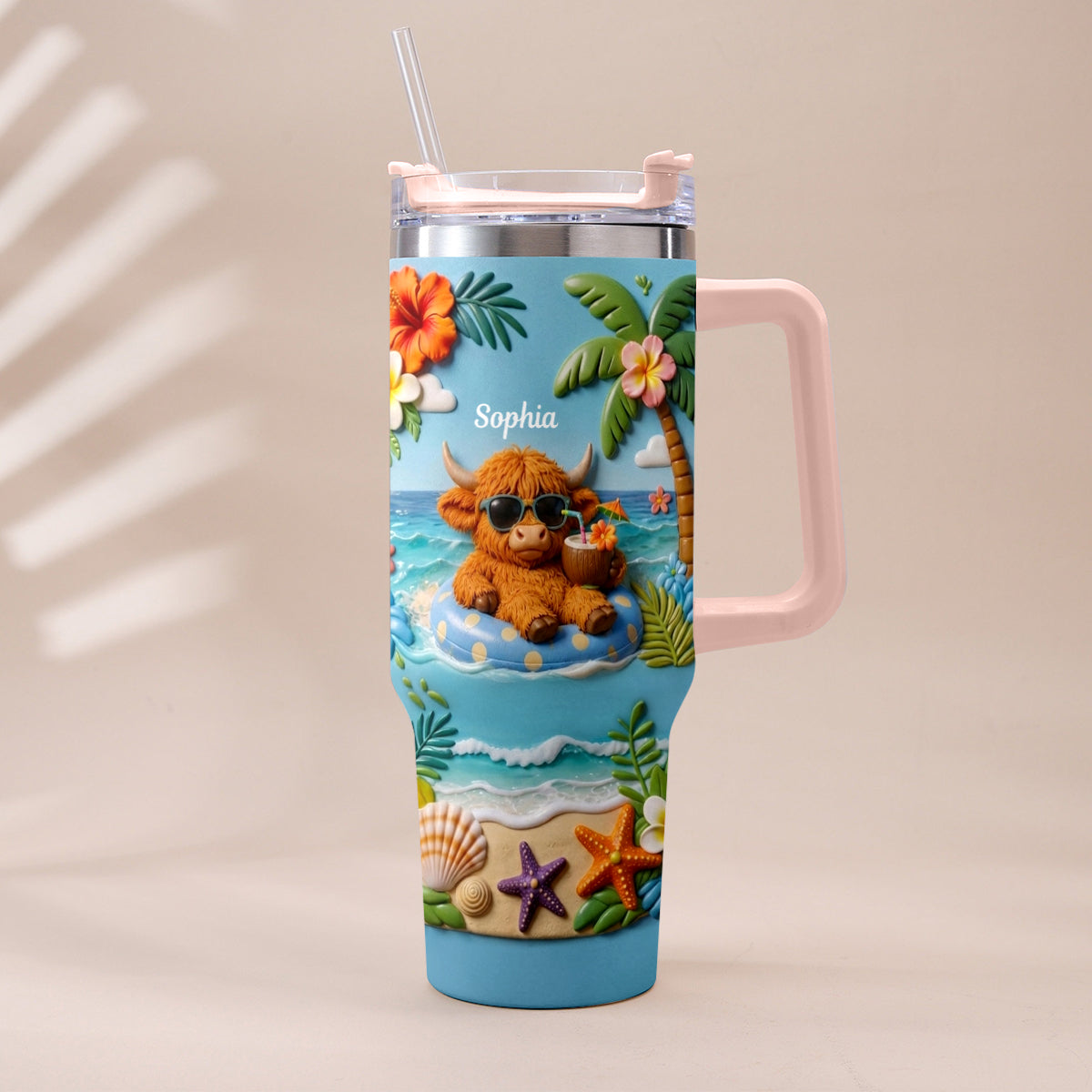 Summer Vibes - Personalized Highland Cow Tumbler With Plush Charm