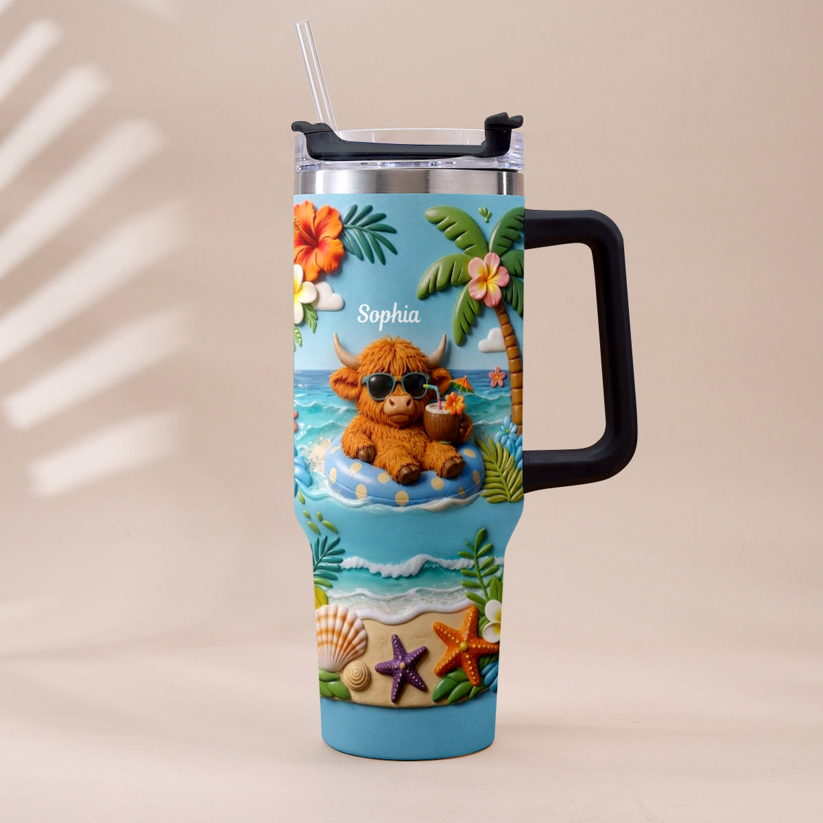 Summer Vibes - Personalized Highland Cow Tumbler With Plush Charm
