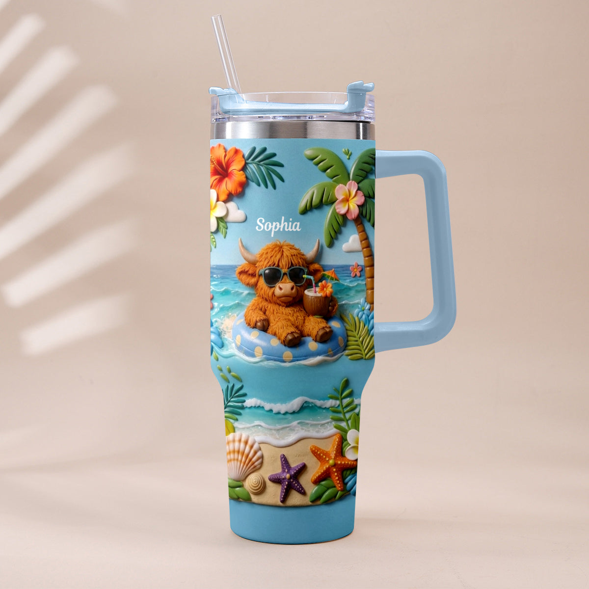 Summer Vibes - Personalized Highland Cow Tumbler With Plush Charm