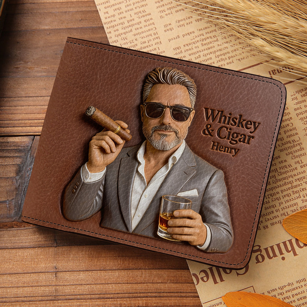 Whiskey & Cigar - Personalized Whisky Leather Wallet