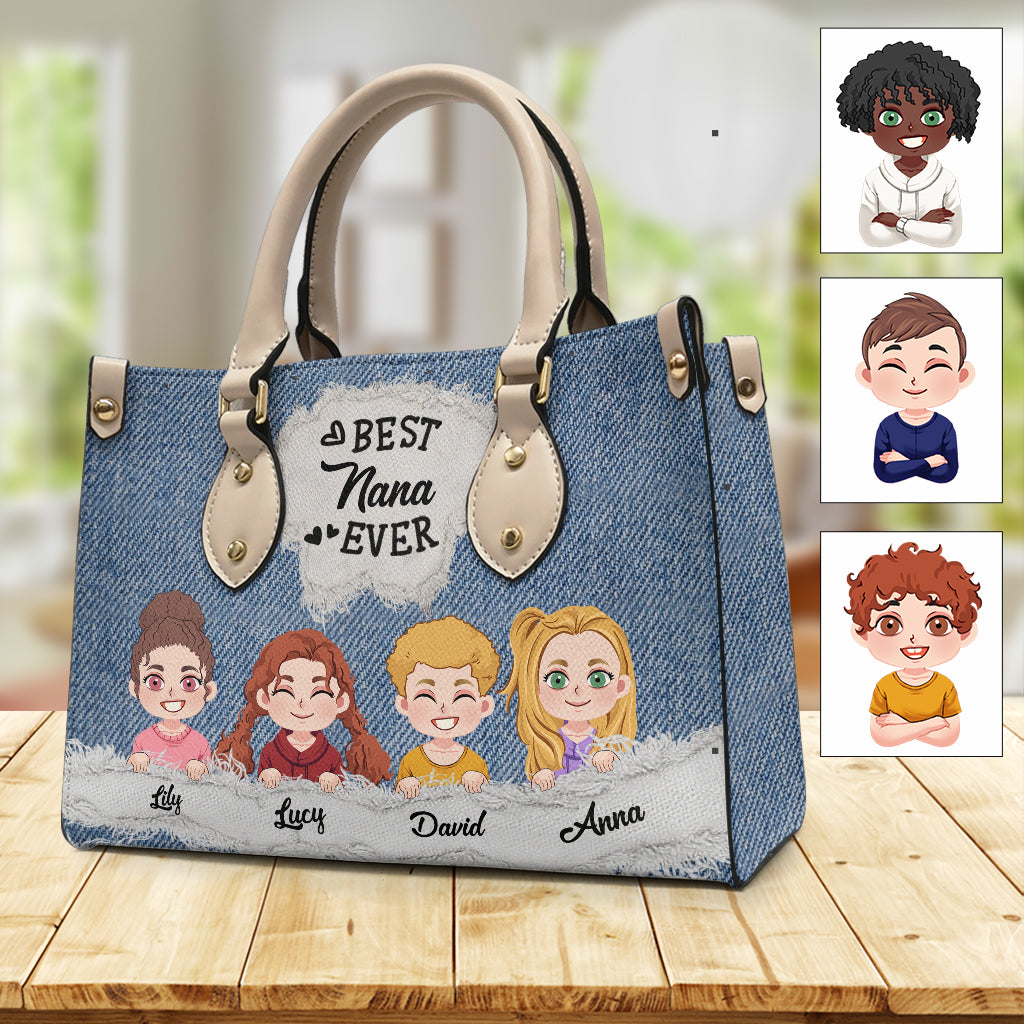 Best Nana Ever Denim Pattern - Personalized Grandma Leather Handbag