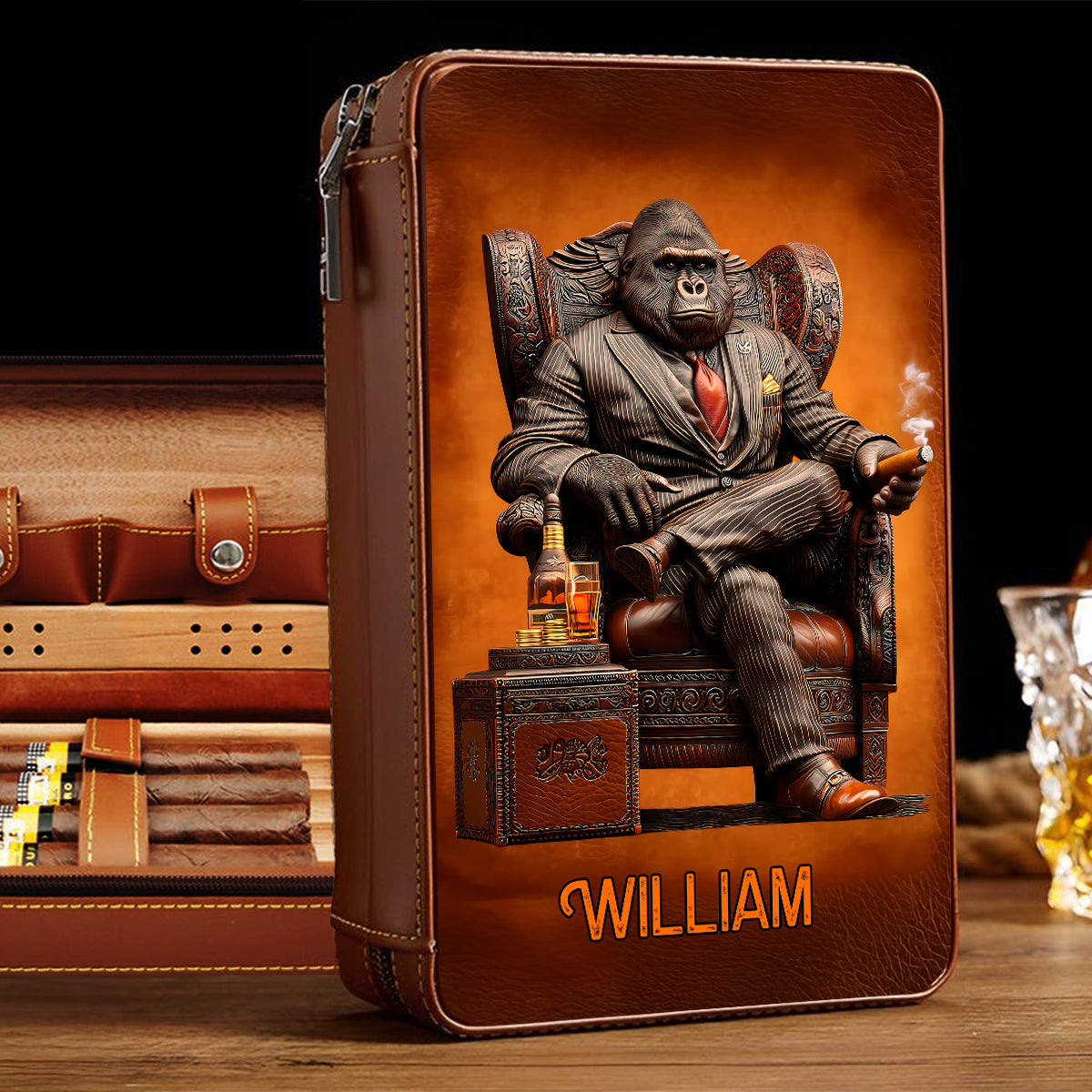 Whiskey & Cigar Gorilla - Personalized Whisky Travel Cigar Humidor Case