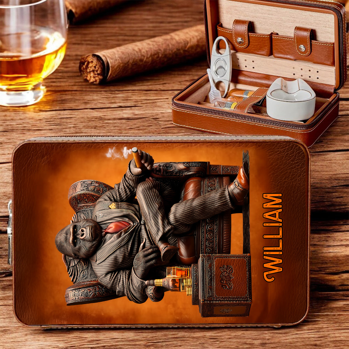 Whiskey & Cigar Gorilla - Personalized Whisky Travel Cigar Humidor Case