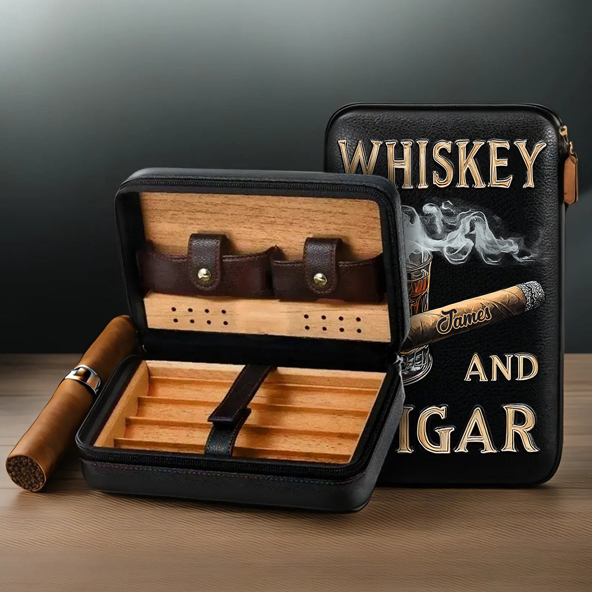 Whiskey And Cigar - Personalized Whisky Travel Cigar Humidor Case
