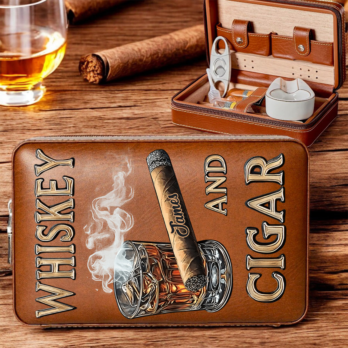 Whiskey And Cigar - Personalized Whisky Travel Cigar Humidor Case